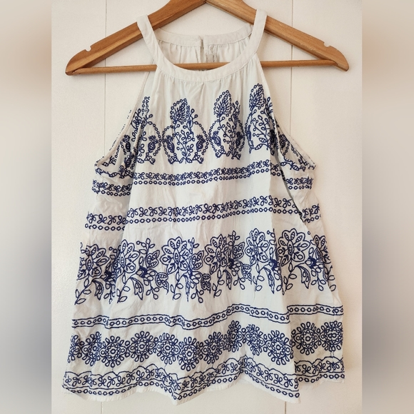 Loft Petites Size MP Blue White Floral Embroidered Halter Cami - Picture 1 of 3